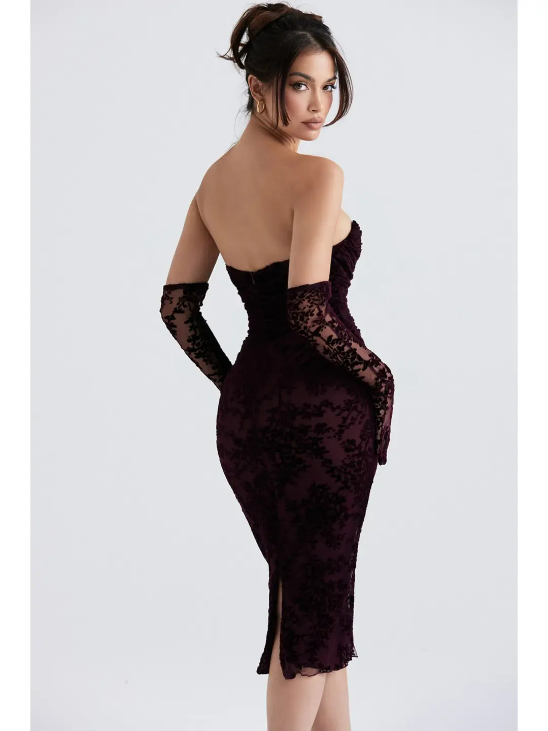 House Of CB Isadora Devore Corset Dress Black Cherry Size XS / AU 6 for rent on The Volte - main image
