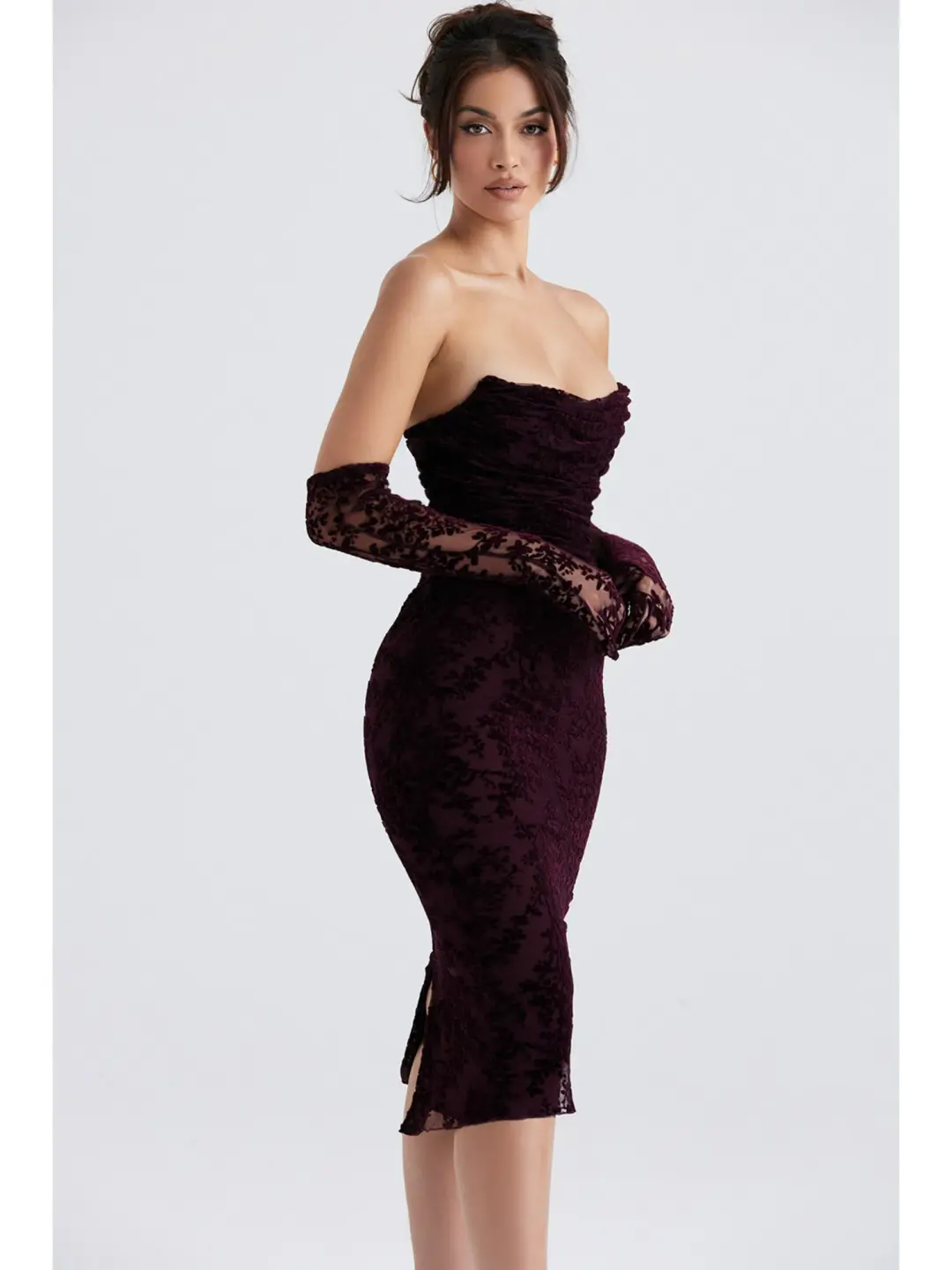 House Of CB Isadora Devore Corset Dress Black Cherry Size XS / AU 6 for rent on The Volte - main image