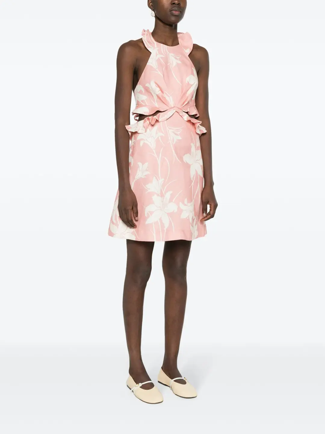Zimmermann Acadian Tie Back Mini Dress Pink Ivory Floral Size 0 / AU 8 for rent on The Volte - main image