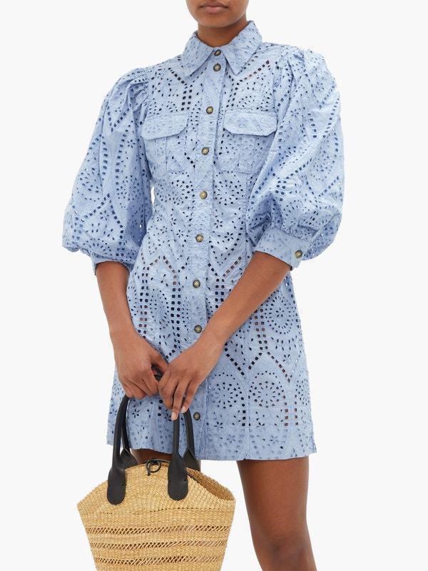 Ganni Balloon-sleeve broderie anglaise mini shirt dress - Image 3