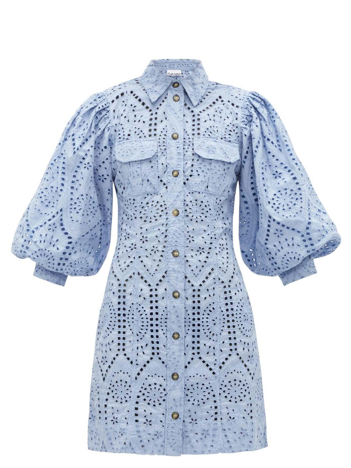 Ganni Balloon-sleeve broderie anglaise mini shirt dress - Image 4