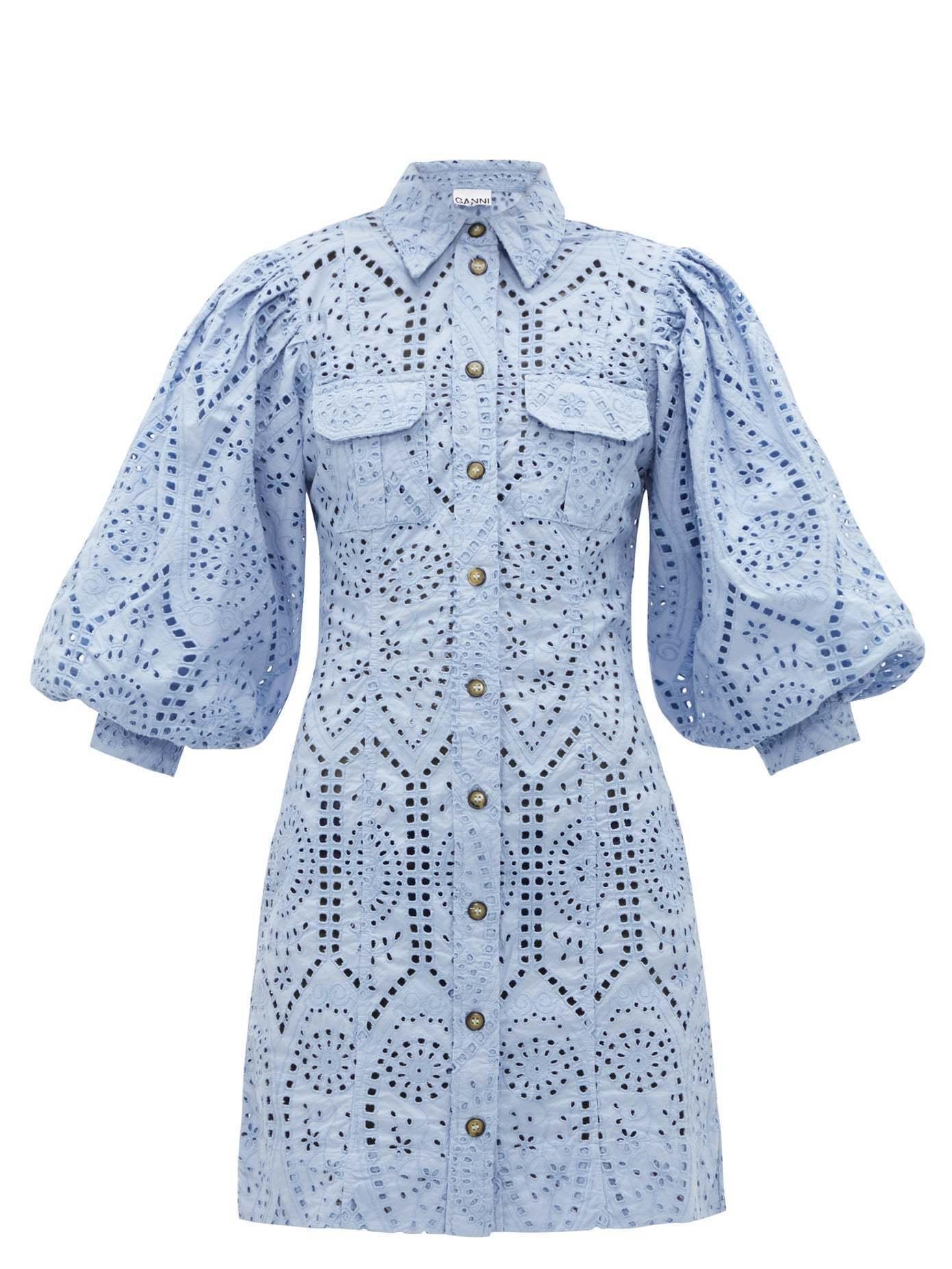 Ganni Balloon-sleeve broderie anglaise mini shirt dress - Image 4