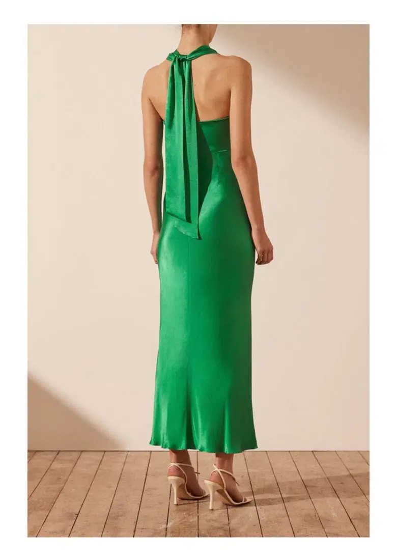 Shona Joy Lana Ruched Halter Midi Dress Tree Green Size AU 8 - Image 3