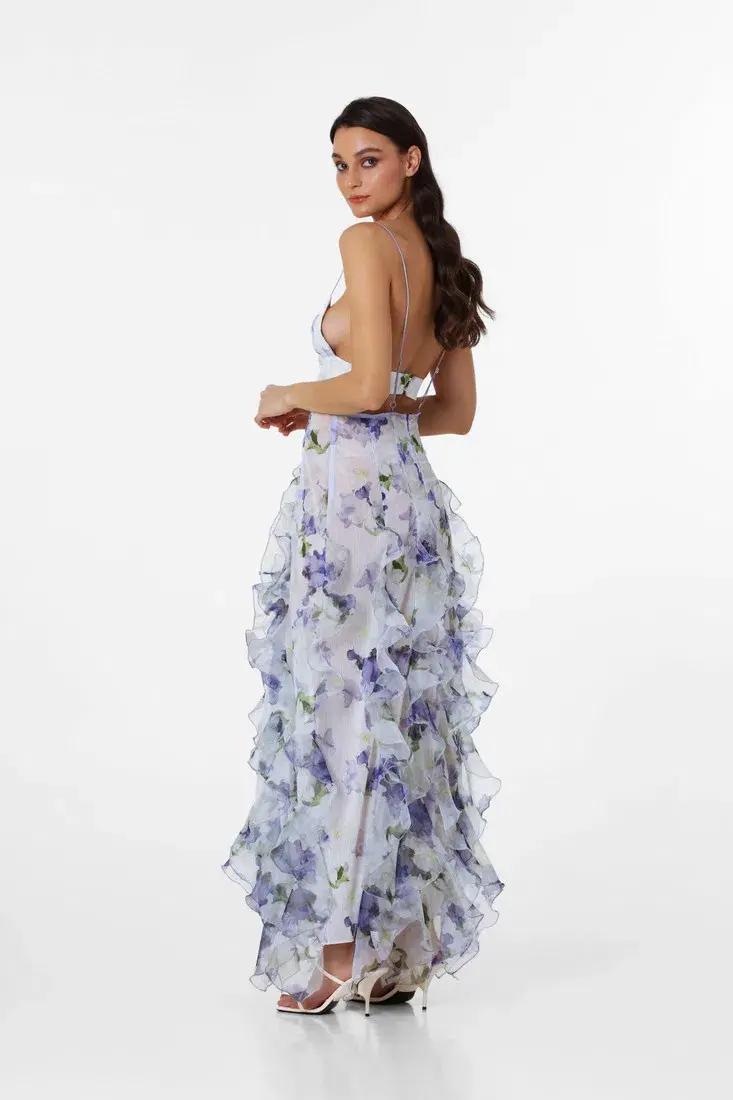 Menti Santorini Iris Flower Maxi Dress Blue Roses Chiffon Print Size XS / AU 6 - Image 2