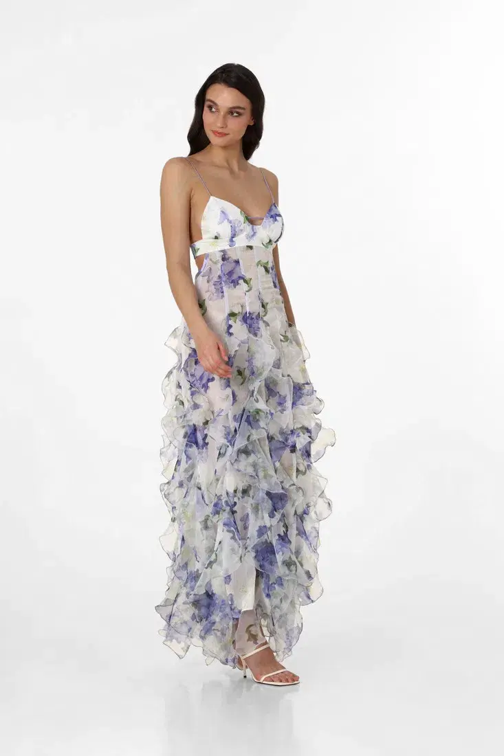 Menti Santorini Iris Flower Maxi Dress Blue Roses Chiffon Print Size XS / AU 6 - Image 1