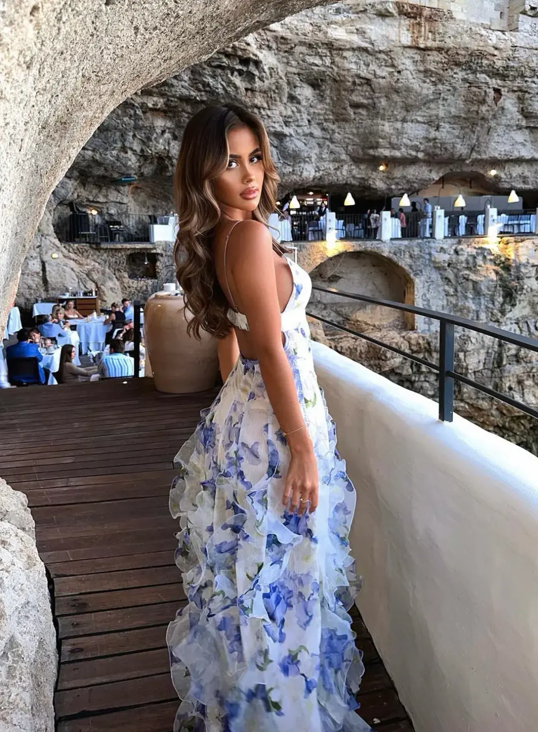 Menti Santorini Iris Flower Maxi Dress Blue Roses Chiffon Print Size S / AU 8 for rent on The Volte - main image