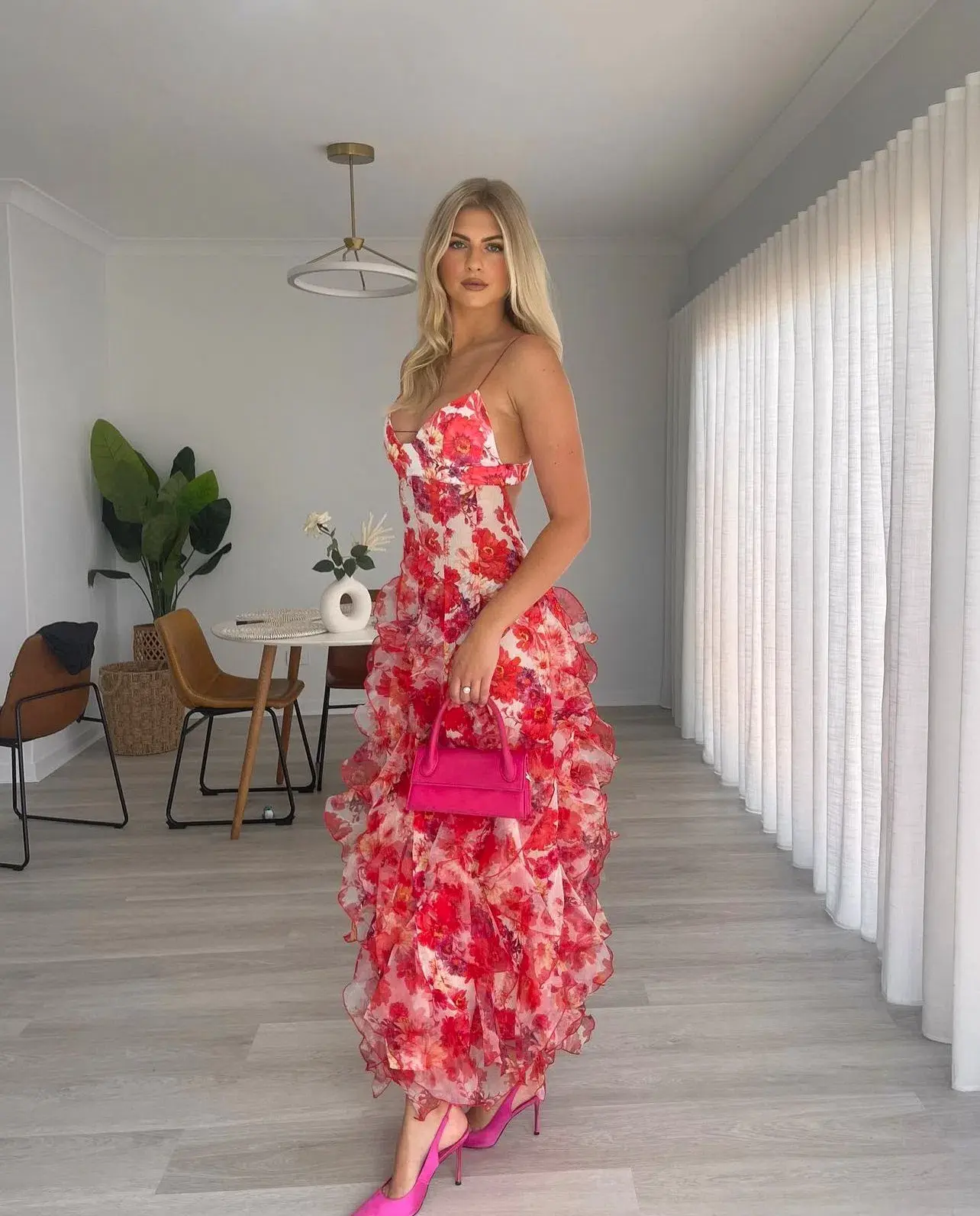Menti Santorini Iris Flower Maxi Dress in Red Floral Chiffon Size L / AU 12 - Image 1