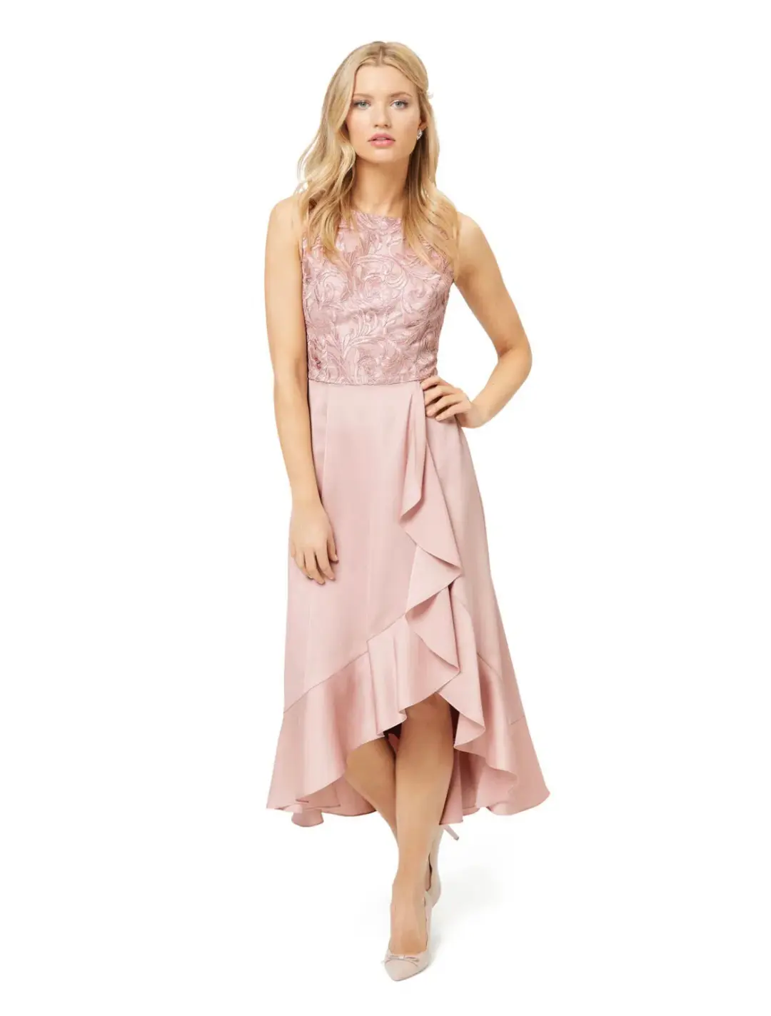 Review Thinking of You Midi Dress in Blush Size 8 for rent on The Volte - main image