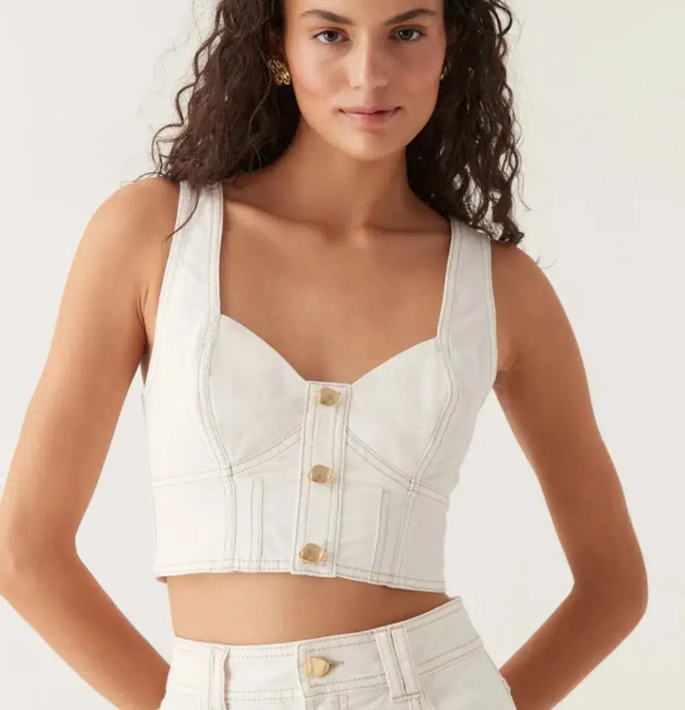 Aje Elena Denim Cropped Bustier Size 8 and Belmond Denim Midi Skirt Size 6 Set in Ivory - Image 2