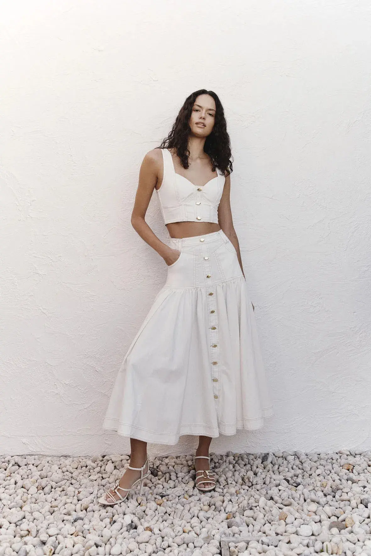 Aje Elena Denim Cropped Bustier Size 8 and Belmond Denim Midi Skirt Size 6 Set in Ivory - Image 1