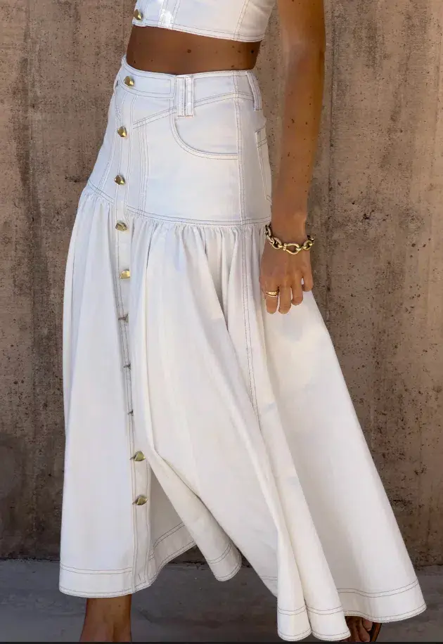 Aje Elena Denim Cropped Bustier Size 8 and Belmond Denim Midi Skirt Size 6 Set in Ivory - Image 3
