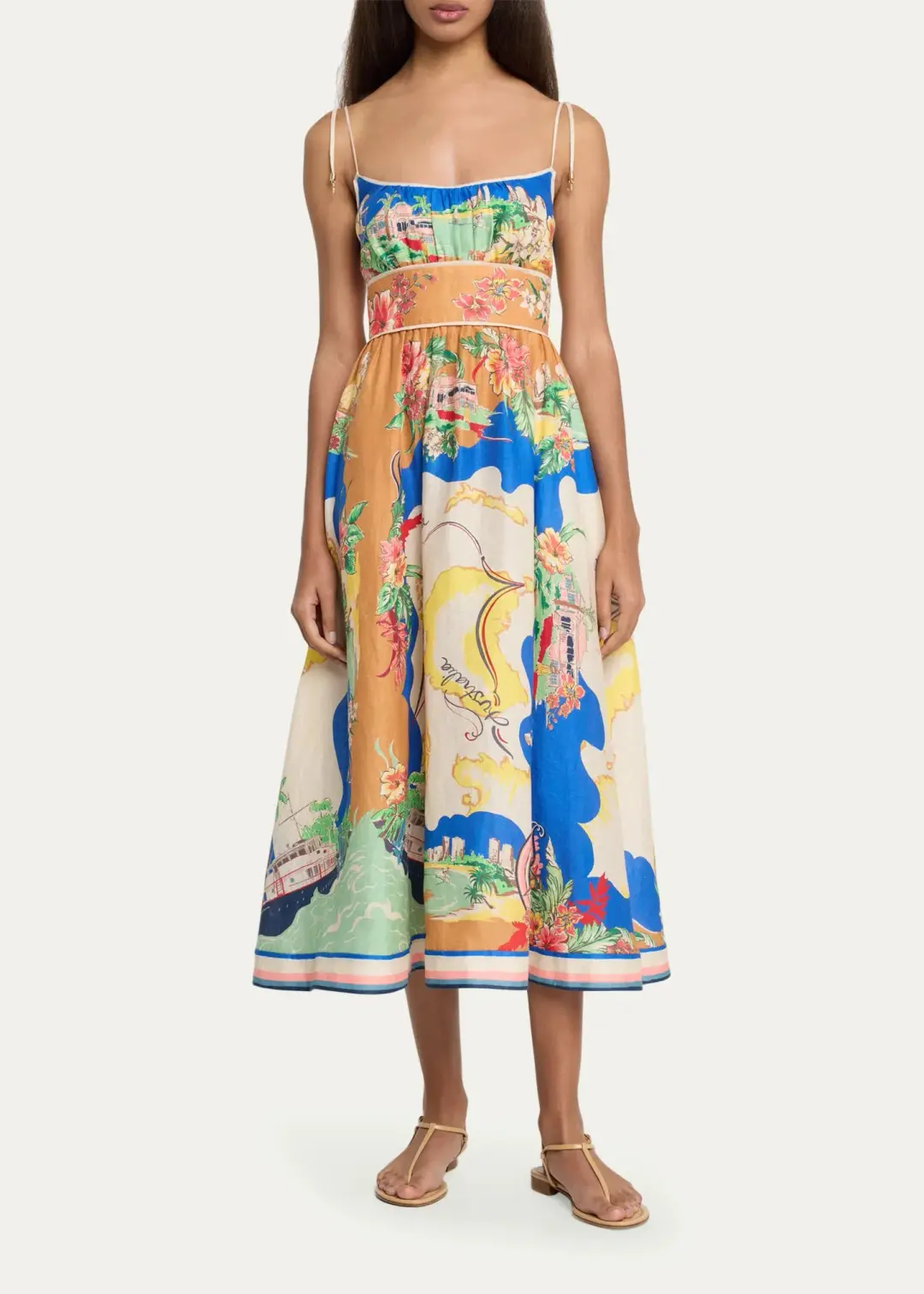 Zimmmermann Alight Picnic Linen Midi Dress Blue Multi Size 1 / AU 10 for rent on The Volte - main image