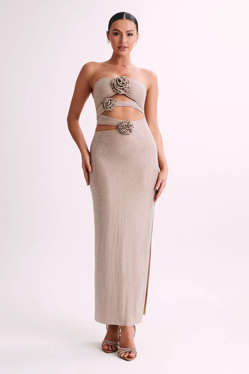 Meshki Stassie Strapless Rose Diamante Maxi Dress Nude Size S / AU 8 - Image 1