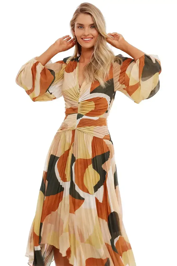 Ministry of Style Retro Resort Pleated Midi Dress Multi Size 14 for rent on The Volte - main image