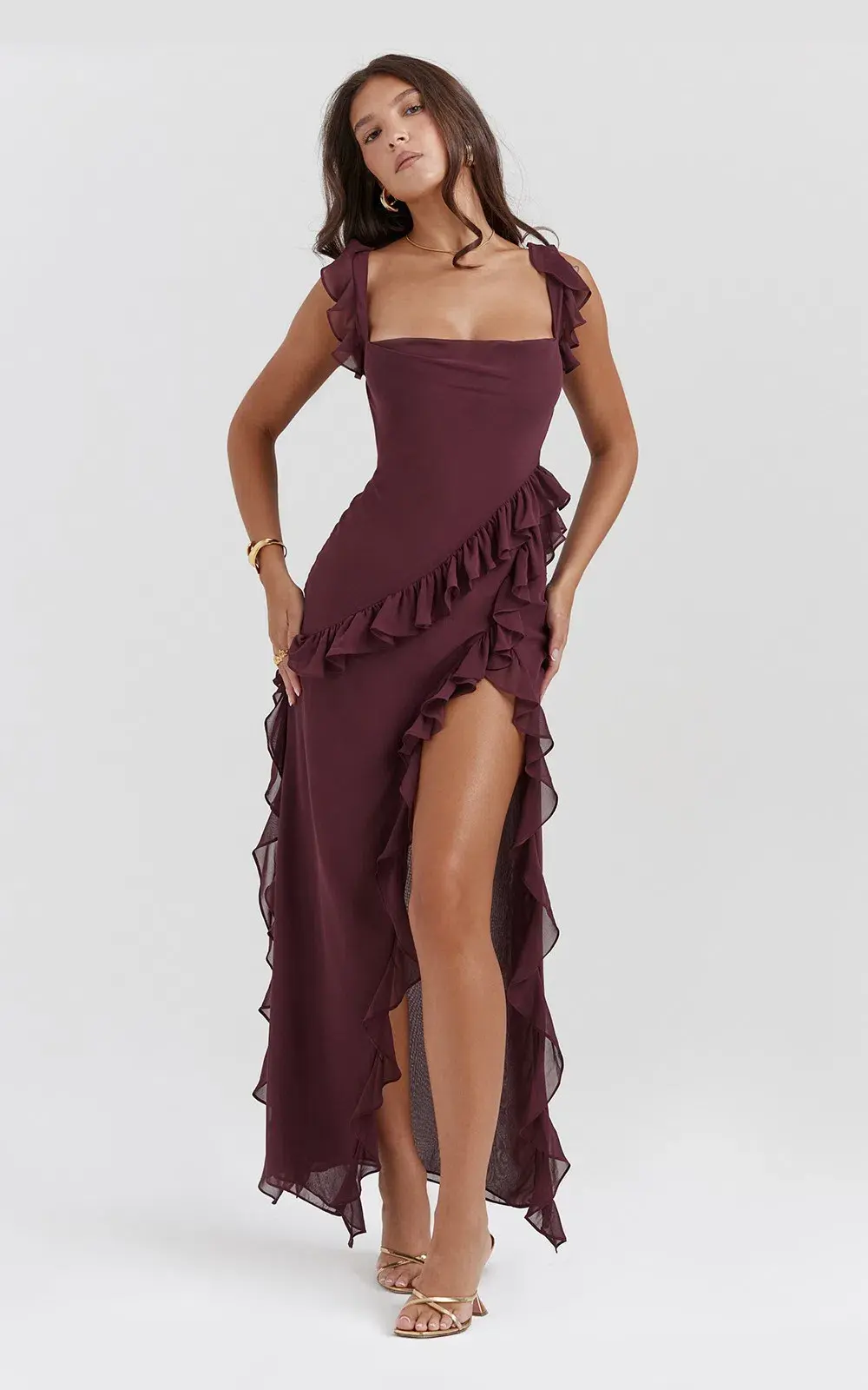 House of CB Ariela Mulberry Ruffle Maxi Dress Burgundy Size M/ AU 10-12 - Image 1