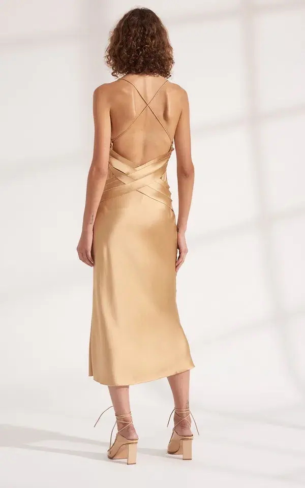 Dion Lee Bias Weave Cowl Dress Gold Size 12 for rent on The Volte - main image