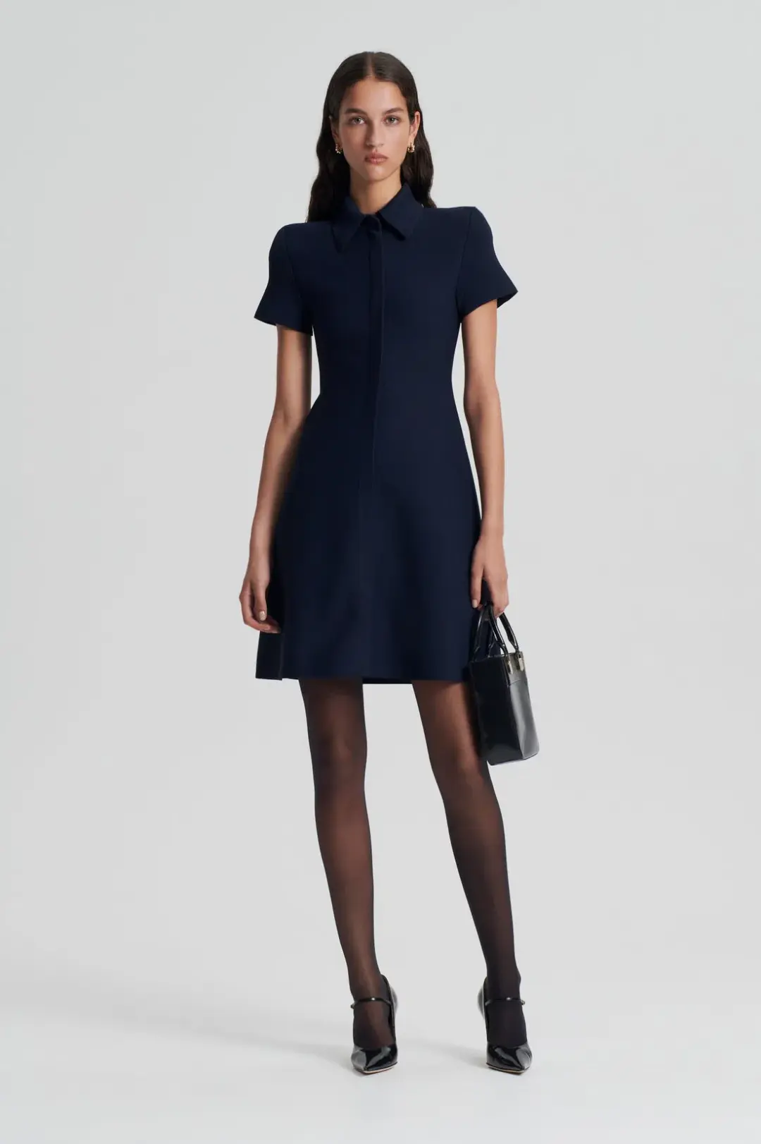 Scanlan Theodore Crepe Knit Zip Shirt Mini Dress Navy Size M/ Au 10 for rent on The Volte - main image