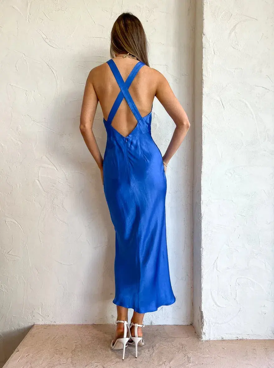 Shona Joy Oliviera Plunged Cross Back Midi Dress Blue Size 8 - Image 2