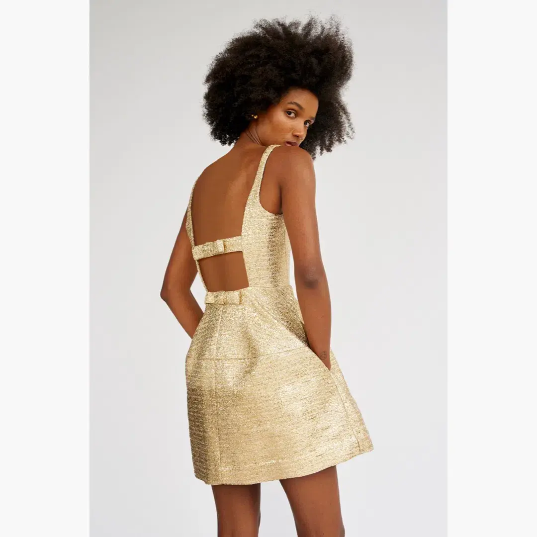 Oroton Metallic Mini Dress Gold Size 10 - Image 4
