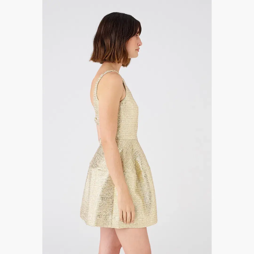Oroton Metallic Mini Dress Gold Size 10 - Image 3
