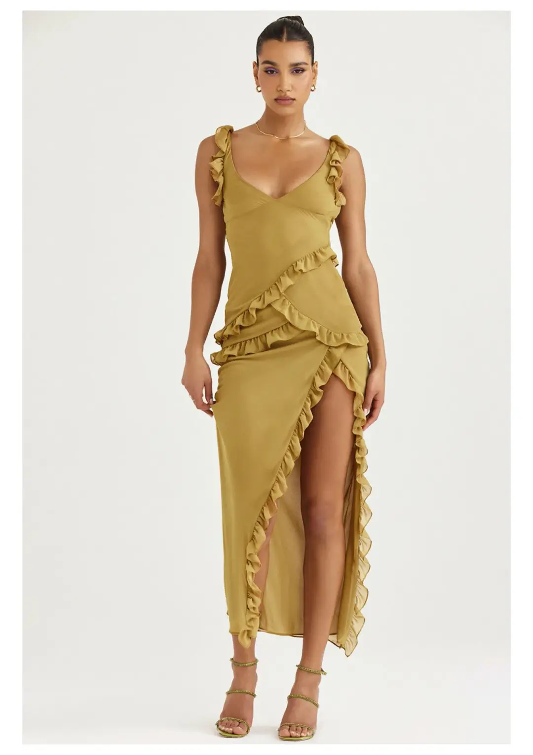 House of CB Pixie Ruffle Maxi Dress Olive Size M / AU 10 for rent on The Volte - main image
