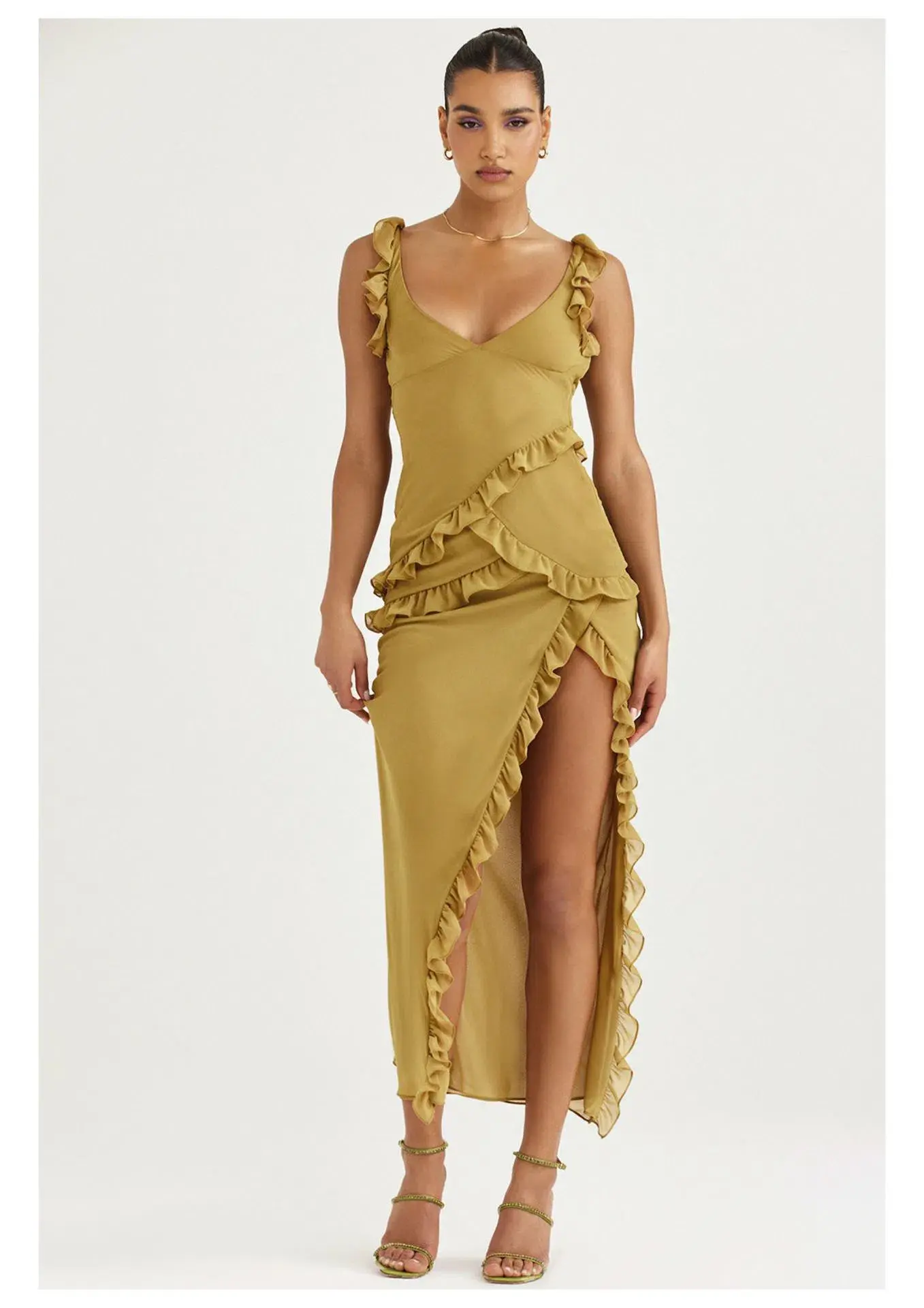 House of CB Pixie Ruffle Maxi Dress Olive Size M / AU 10 - Image 1