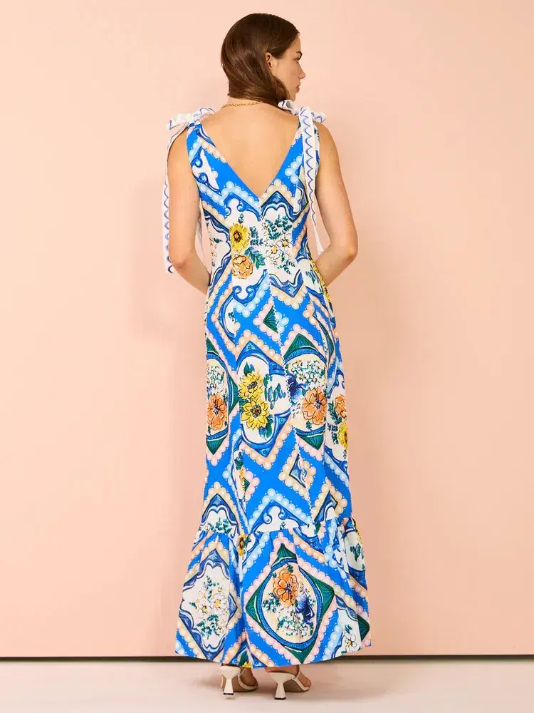 By Nicola Adoncia Tie Shoulder Maxi Dress Azure Floral Size 10 - Image 4