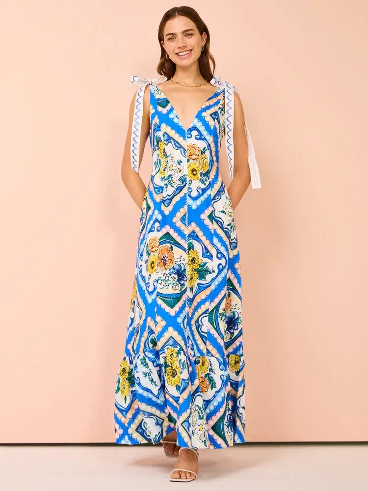 By Nicola Adoncia Tie Shoulder Maxi Dress Azure Floral Size 10 - Image 1