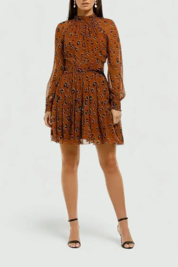Nicholas High Neck Button Mini Dress in Tobacco Multi Size 6 for rent on The Volte - main image
