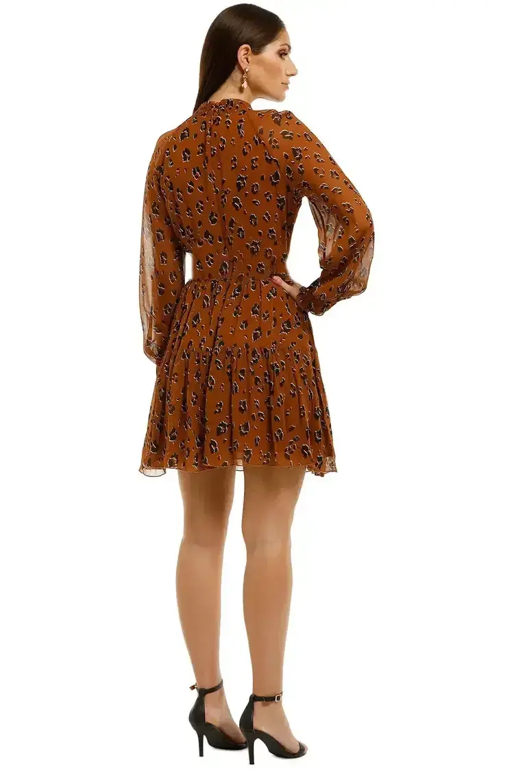 Nicholas High Neck Button Mini Dress in Tobacco Multi Size 6 - Image 3
