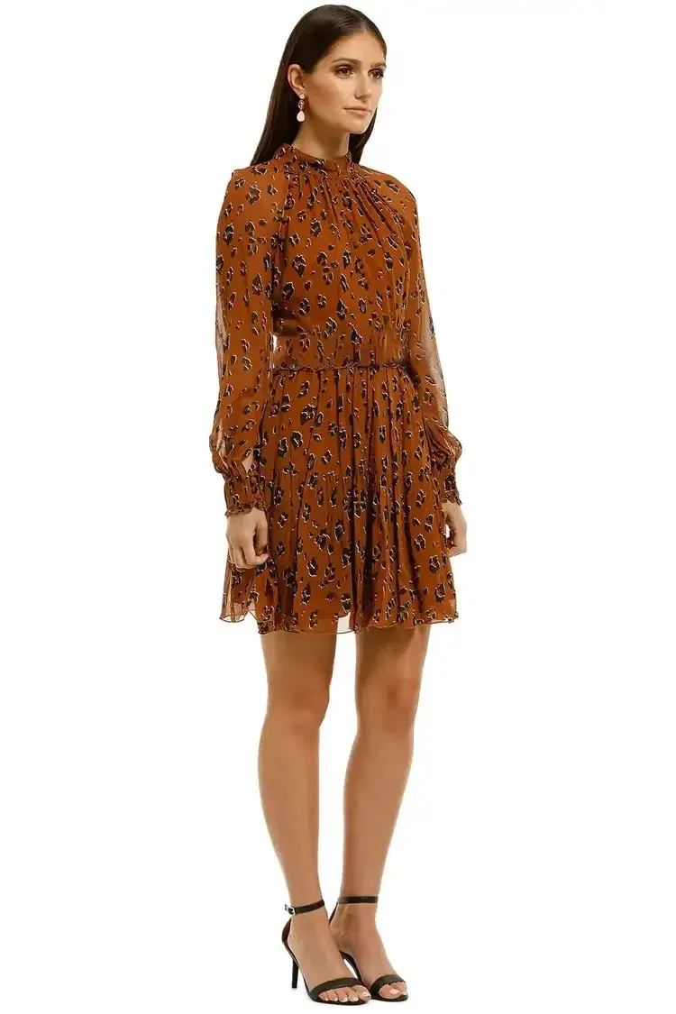 Nicholas High Neck Button Mini Dress in Tobacco Multi Size 6 - Image 1