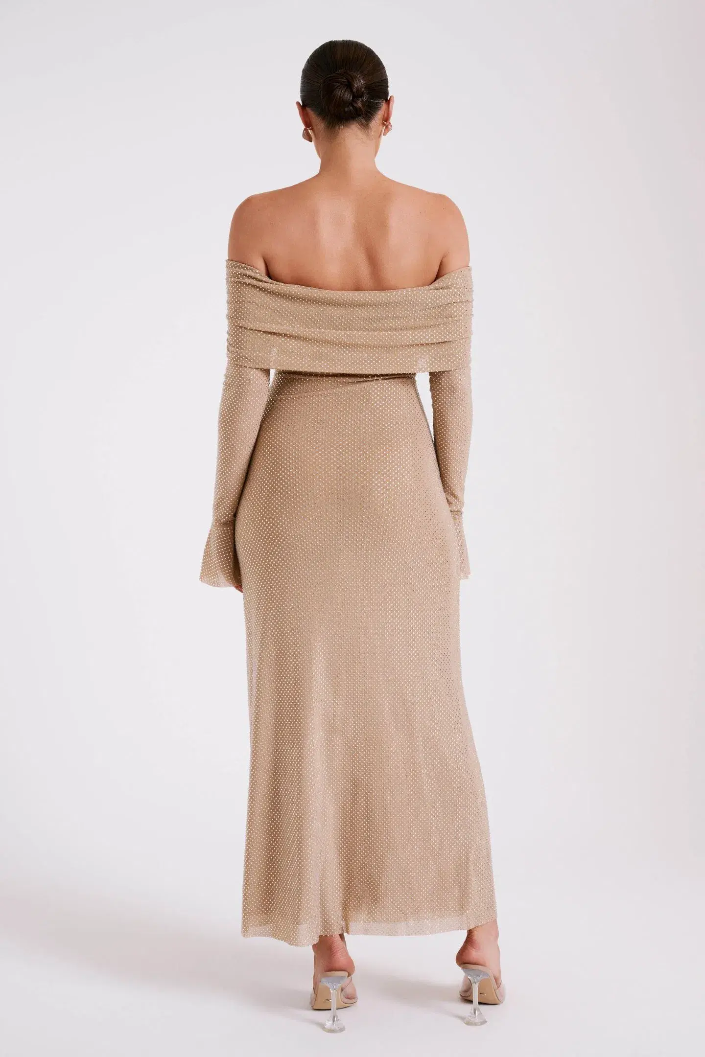 Meshki Marcel Off Shoulder Diamante Maxi Dress Nude - Image 4