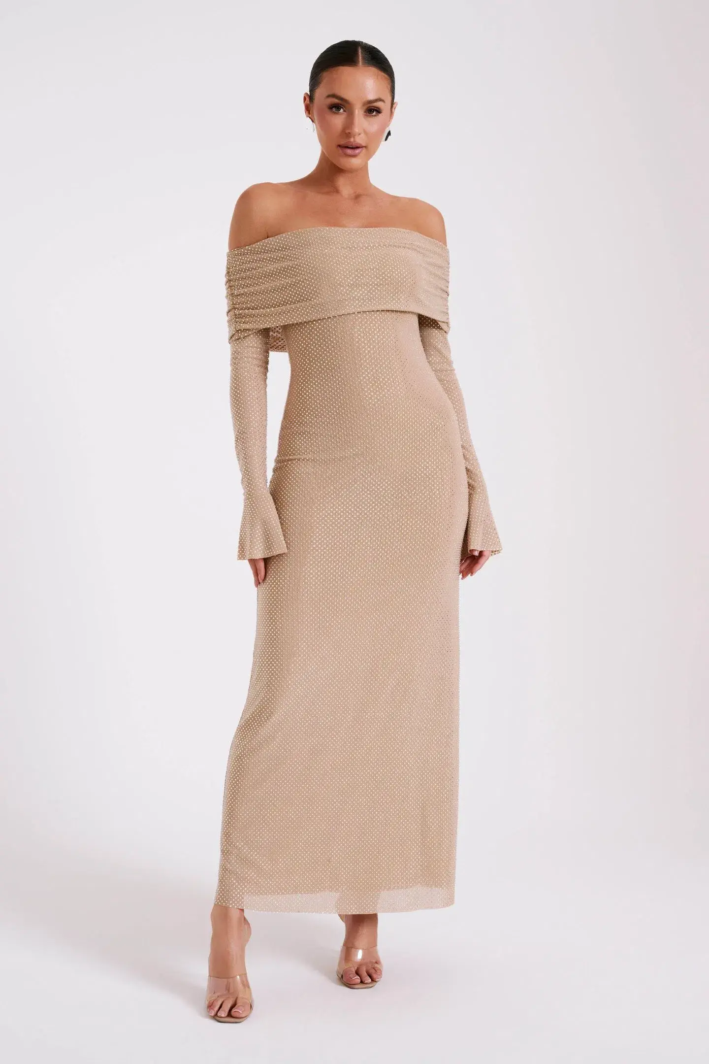 Meshki Marcel Off Shoulder Diamante Maxi Dress Nude - Image 1
