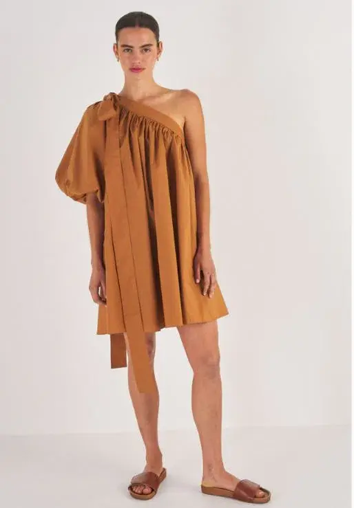Oroton One Shoulder Gathered Dress Brown Size 12 - Image 1