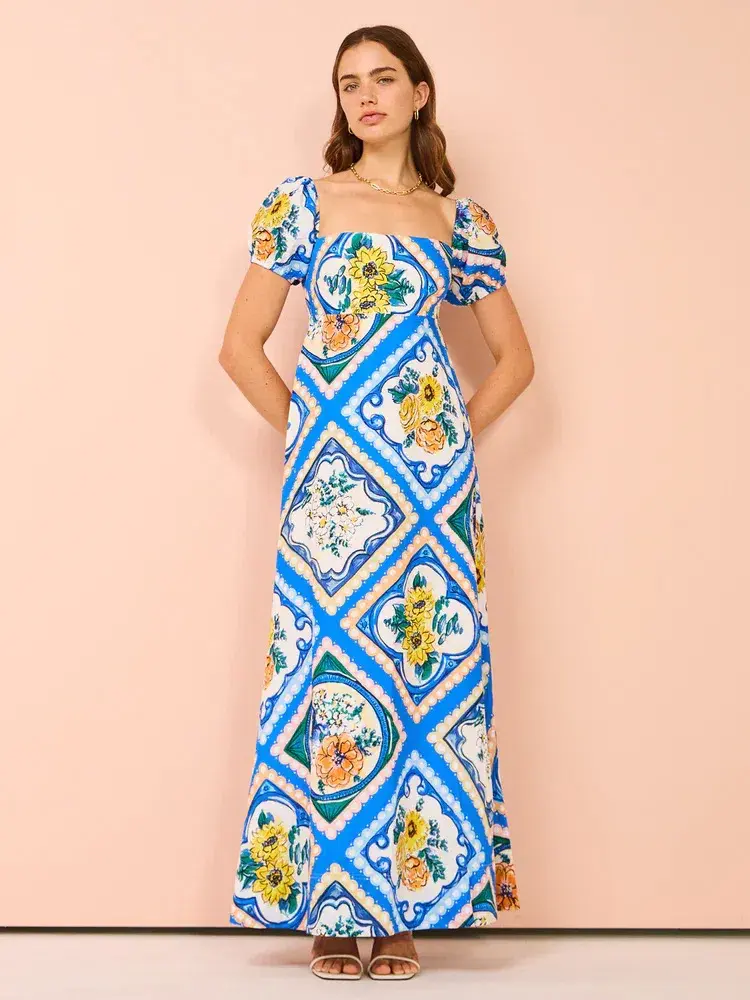 By Nicola Mariposa Puff Sleeve Maxi Dress in Azure Floral Size 8 - Image 2