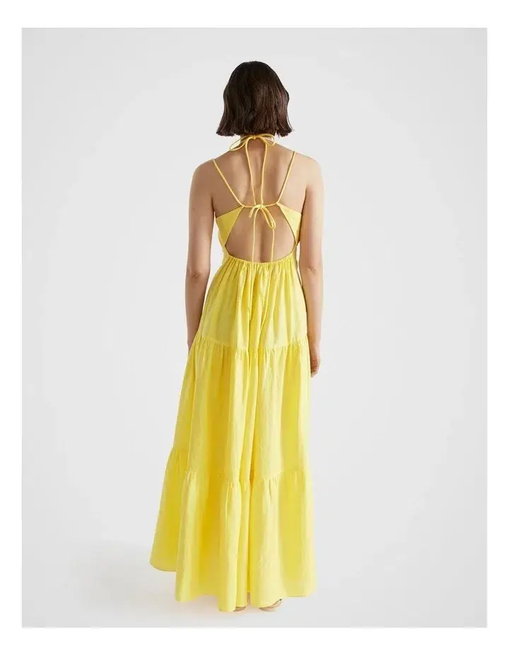 Seed Linen Tiered Dress Yellow Size 8 - Image 2