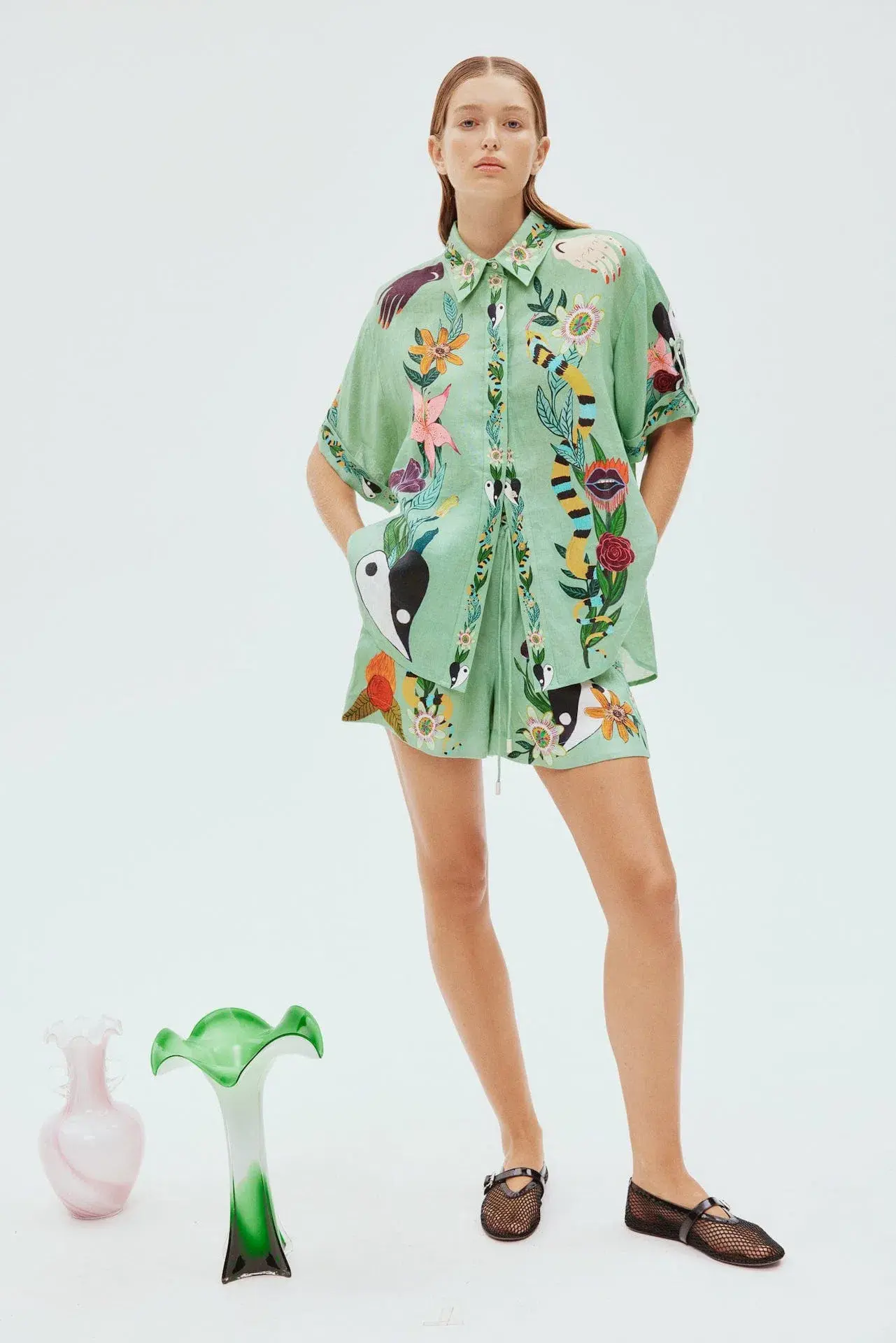 Alemais Meagan Oversized Linen Shirt & Shorts Set Green Size 8 - Image 1
