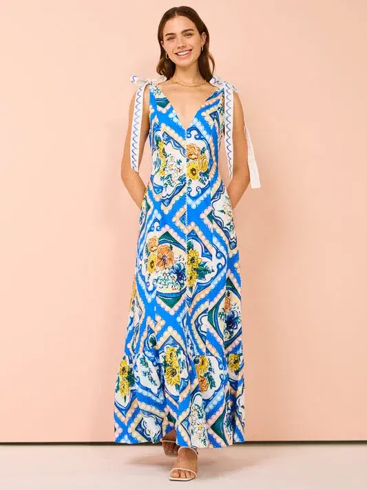 By Nicola Adoncia Tie Sleeve Maxi Dress Azure Blue Floral Size 10 - Image 1