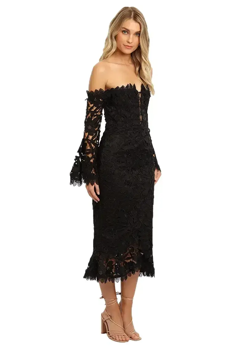 Nicholas Botanical Lace Cocktail Midi Dress in Black Size 8 - Image 2