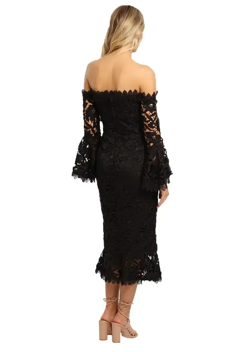 Nicholas Botanical Lace Cocktail Midi Dress in Black Size 8 - Image 3