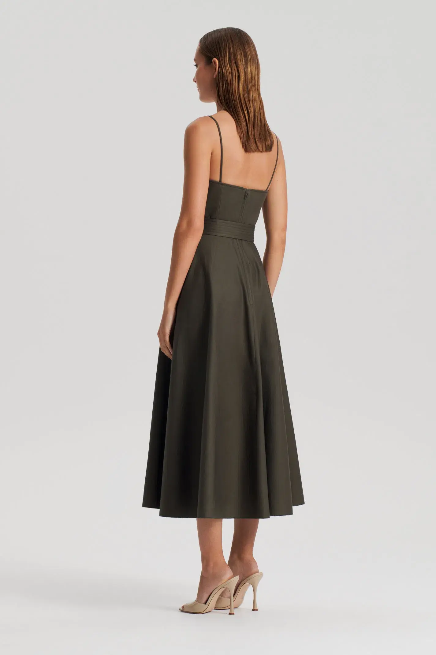 Scanlan Theodore Sateen Resin Trim Dress Khaki Size 10 - Image 3