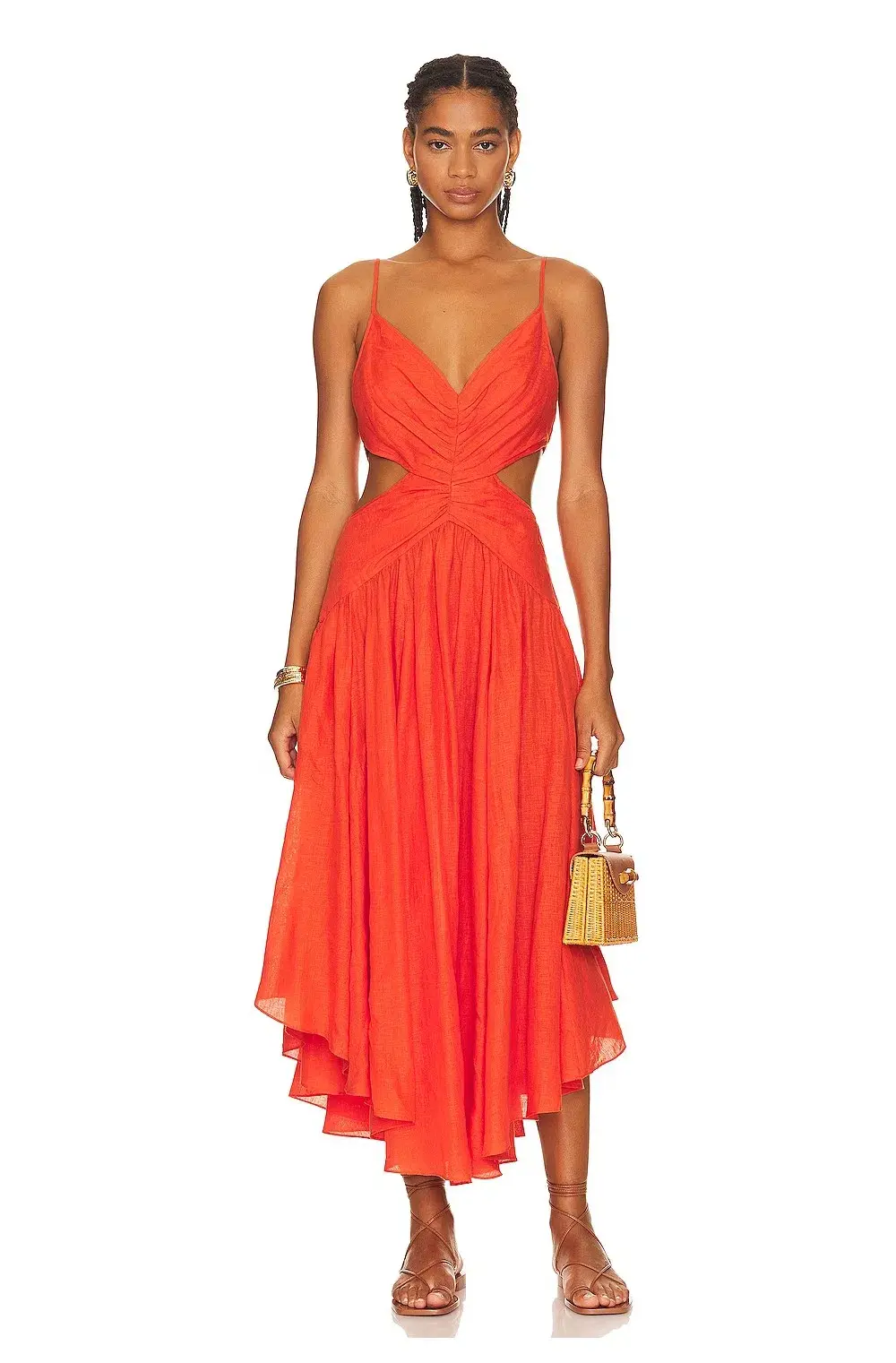 Zimmerman Raie Plunge Cut Out Midi Dress in Tangerine Size 8 for rent on The Volte - main image