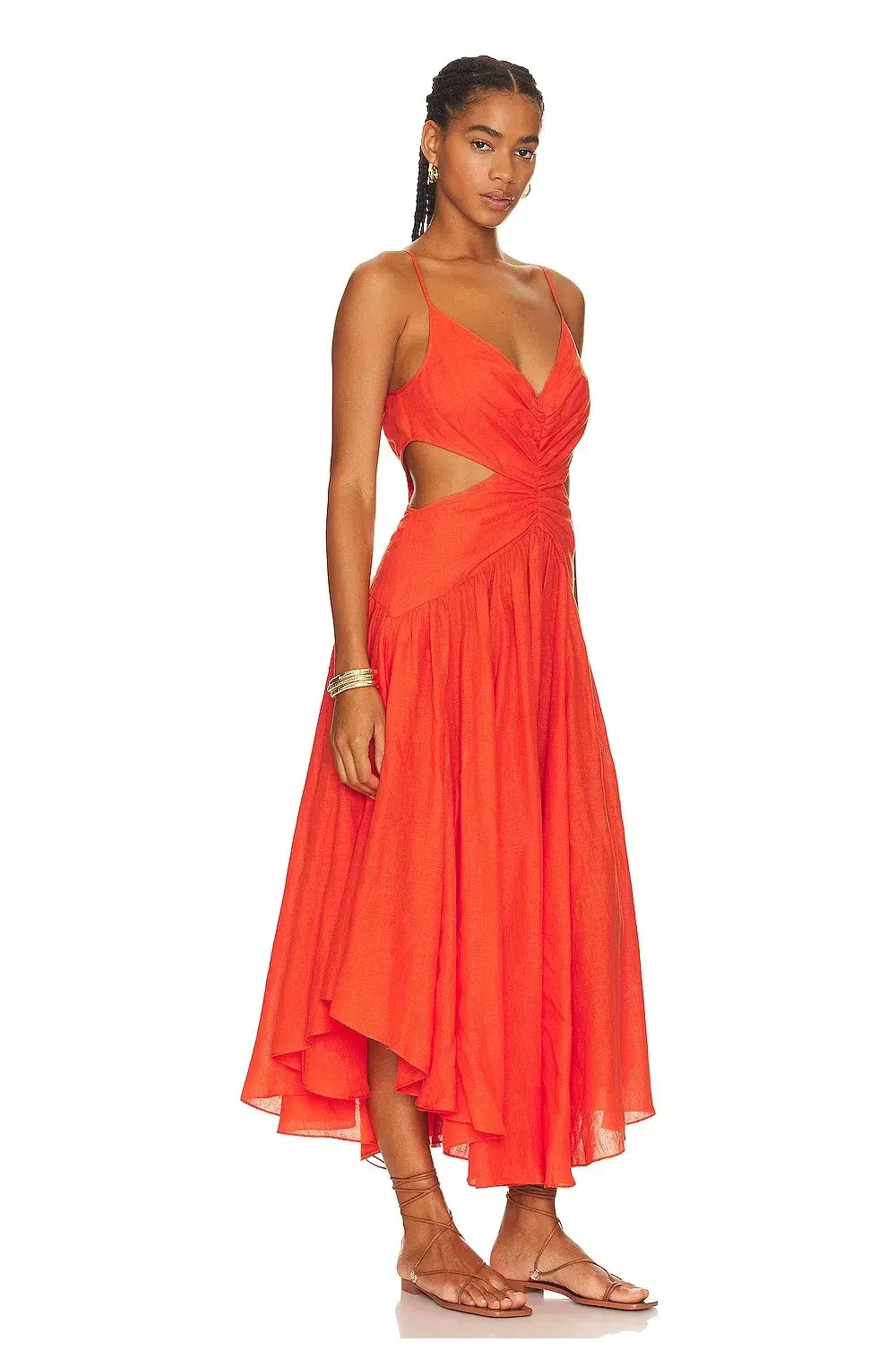 Zimmerman Raie Plunge Cut Out Midi Dress in Tangerine Size 8 for rent on The Volte - main image