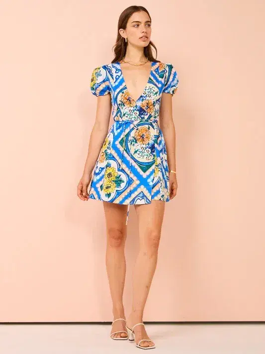By Nicola - Havana Wrap Mini Dress In Azure Floral - Size 12 (fits 10-12) for rent on The Volte - main image