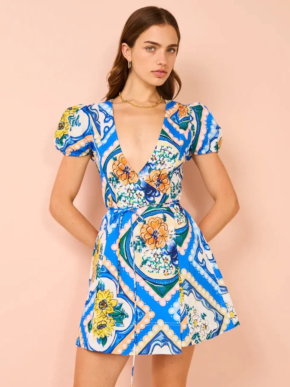 By Nicola - Havana Wrap Mini Dress In Azure Floral - Size 12 (fits 10-12) for rent on The Volte - main image
