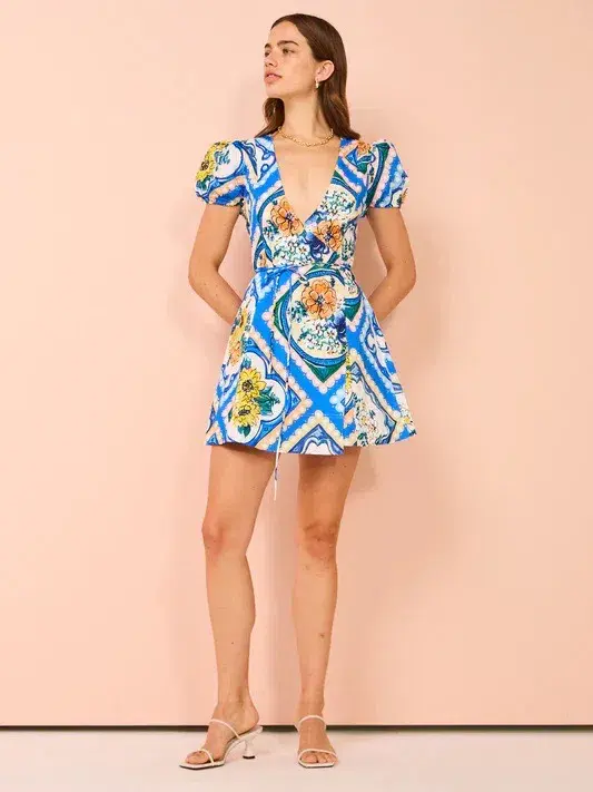 By Nicola - Havana Wrap Mini Dress In Azure Floral - Size 8 (Fits 6-8 best) - Image 1