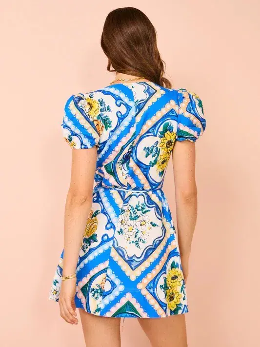 By Nicola - Havana Wrap Mini Dress In Azure Floral - Size 8 (Fits 6-8 best) - Image 4