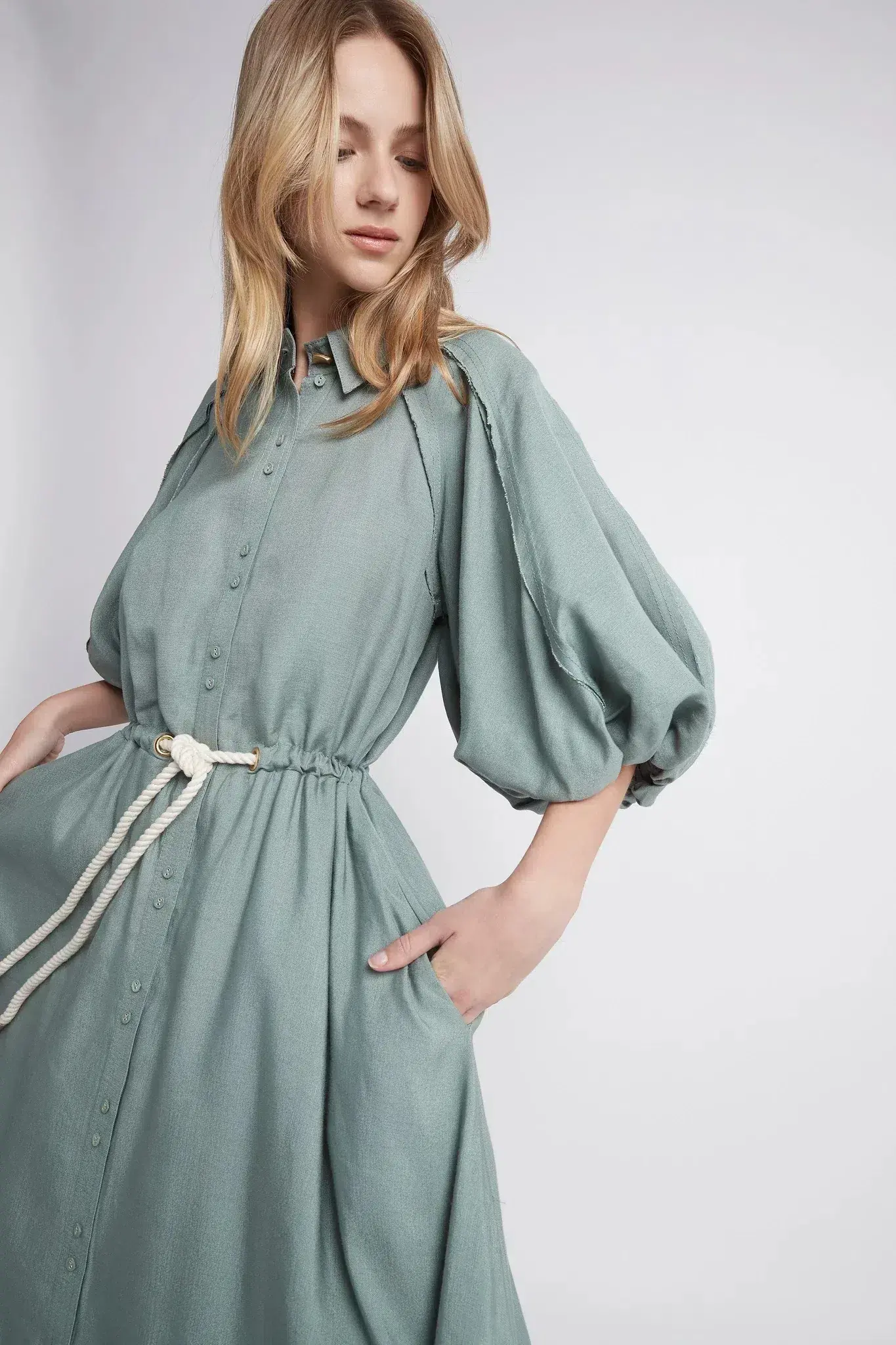 Aje Bonjour Belted Shirt Midi Dress Green Size 16 - Image 2