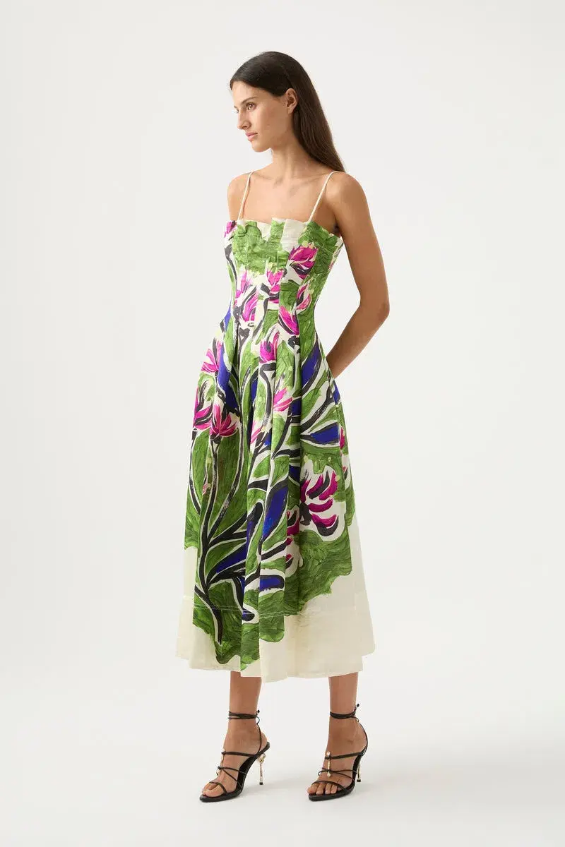 Aje Paradiso Cinched Midi Dress Native Gumnut Floral Size 4 for rent on The Volte - main image