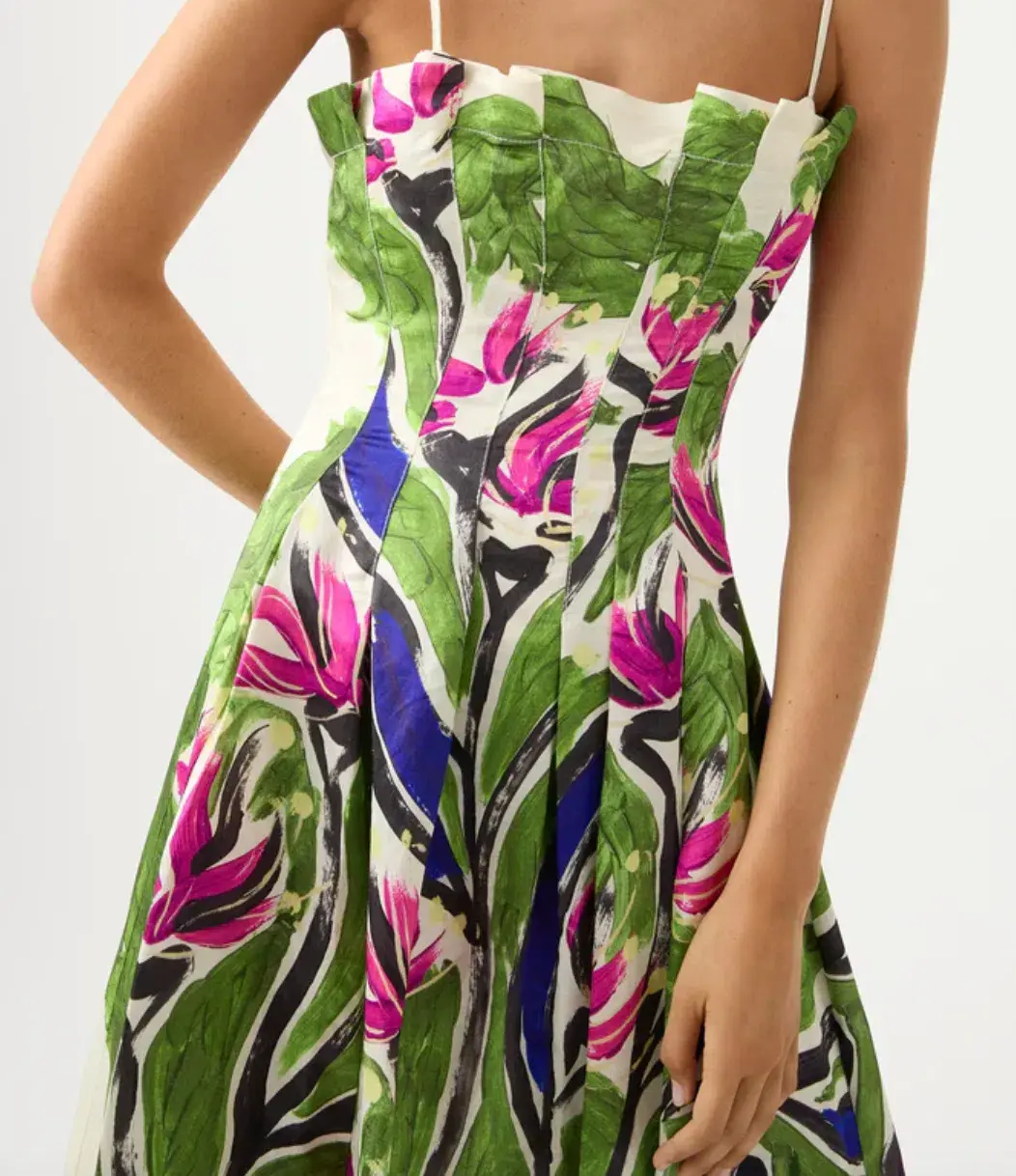 Aje Paradiso Cinched Midi Dress Native Gumnut Floral Size 4 for rent on The Volte - main image